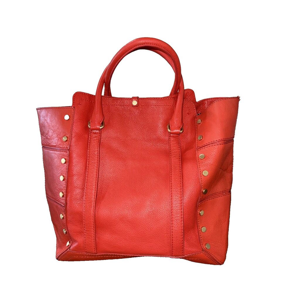 Kelsi Dagger Red Orange Leather Tote Bag Large Pebbled Studded Shoulder Shopper